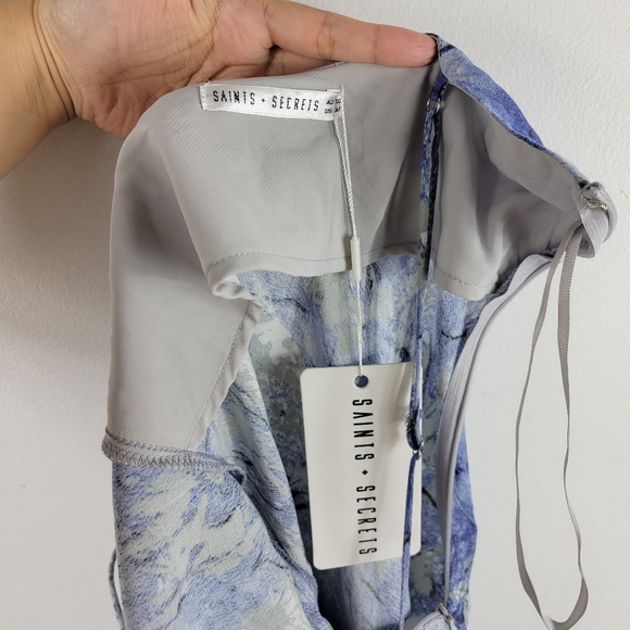 New Saints + Secrets Marbled Ruched Draped Cowl Bust Midi Slip Dress - Picture 13 of 15